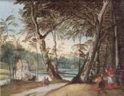 unknow artist A wooded landscape with a beggar kneeling before a cardinal oil painting on canvas